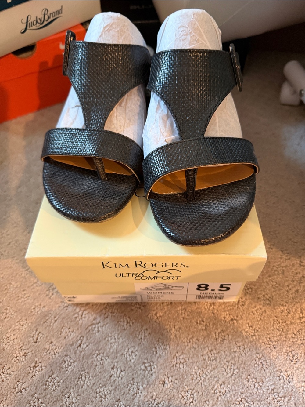 Kim Rogers Black Textured T-Strap Sandals